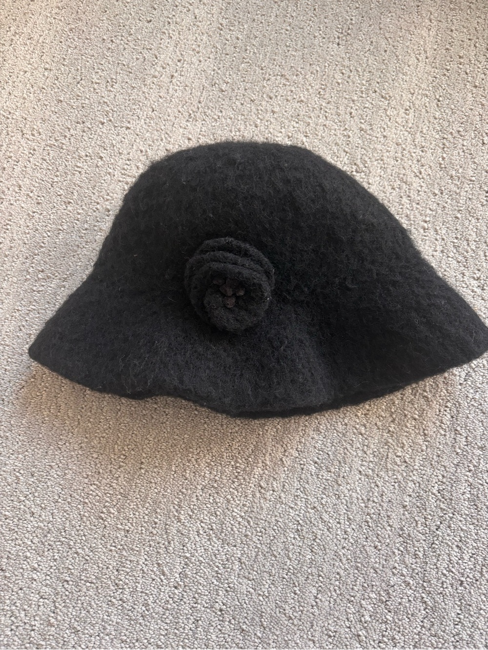 Black Boiled Wool Cloche Hat with Floral Accent - Women's Accessory